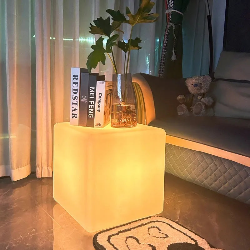 Modern square LED cube stool light for outdoor gardens and patios with waterproof IP65 rating