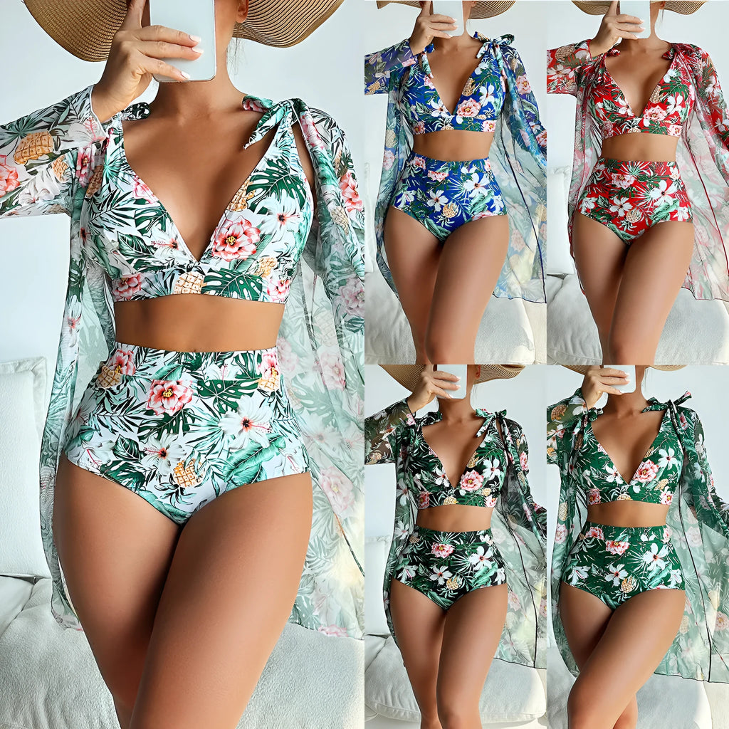 Women's multicolour printed bikini three-piece set with long-sleeve shirt on a mannequin.