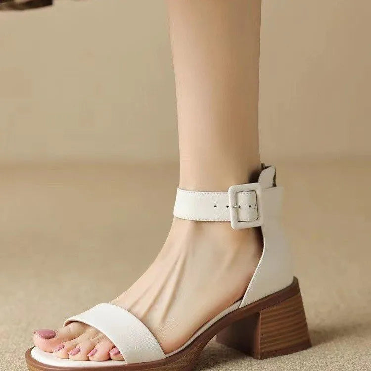 Retro ankle-strap platform high heels for women in white or khaki with round toe design