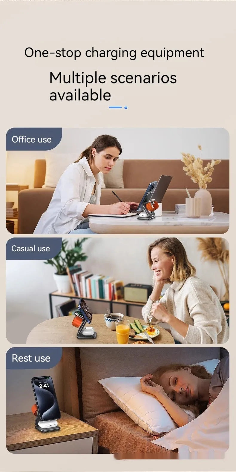 White foldable magnetic wireless charger phone holder showing compact size and charging indicator light.