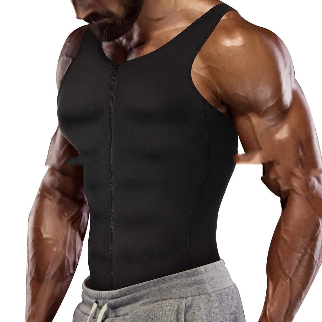 Men's black polyester waist girdling zipper vest for belly contraction and lumbar support