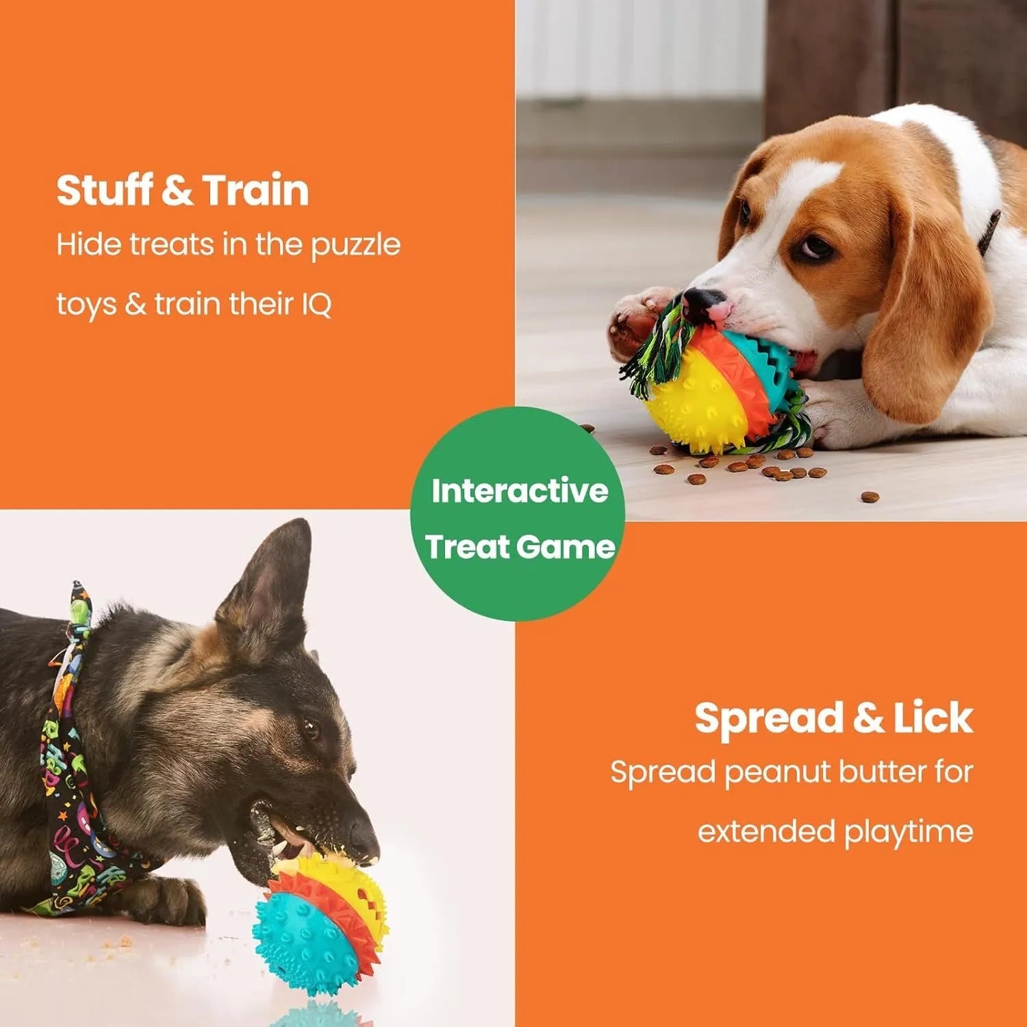 Blue and red squeaky dog chew ball with treat hole and textured surface