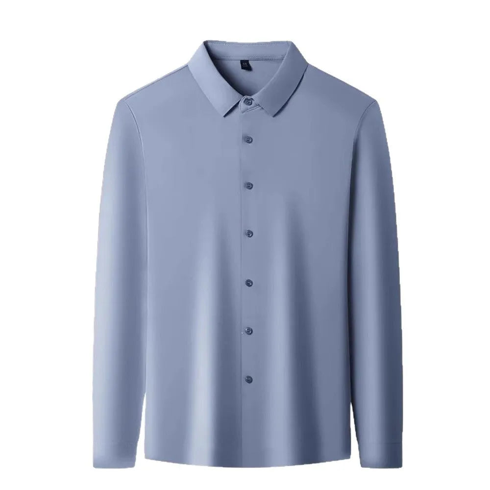 Seamless high elastic long sleeve anti-wrinkle shirt in black, front view, with stretch fabric