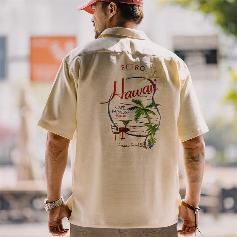Light apricot men's Cuban collar shirt with bamboo and floral pattern