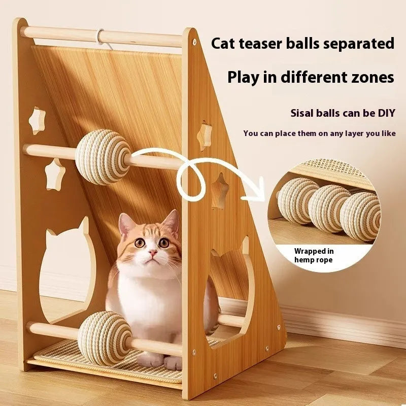 Vertical wall-mounted cat scratching board with sisal rope and hemp wrapping with amusing ball design