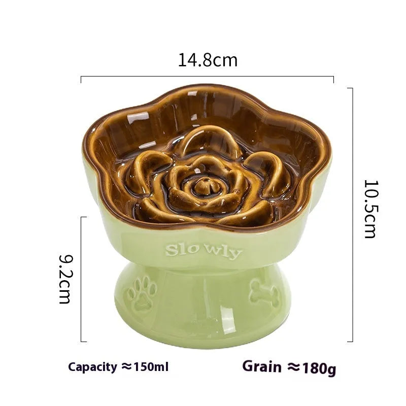 Black ceramic pet bowl with high foot neck protector design for anti-tumble feeding