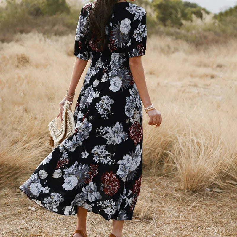 Women's floral V-neck summer dress with elastic waist and large hemline skirt in yellow colour