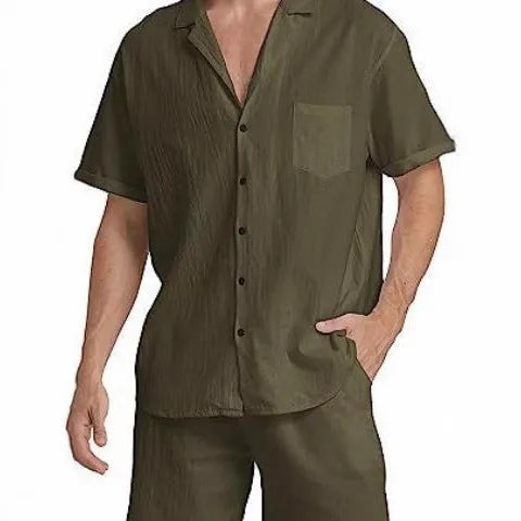 Men's flax short-sleeved top and shorts suit in army green on a grey background.