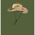Army green cotton fisherman hat with patchwork design and flat top crown, shown folded for storage