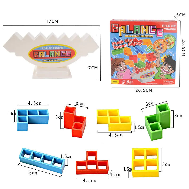 Plastic balance stacking board game with 16 colourful building blocks, a chassis, and a base on a flat surface.