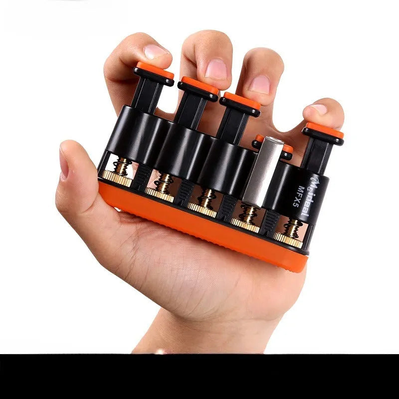 Grey and orange non-slip silicone finger trainer for musician hand strength development.