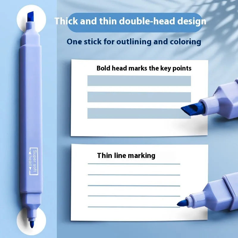 Set of double-tipped fluorescent marker pens showing chisel and bullet nibs, in mixed bright and pastel colours.