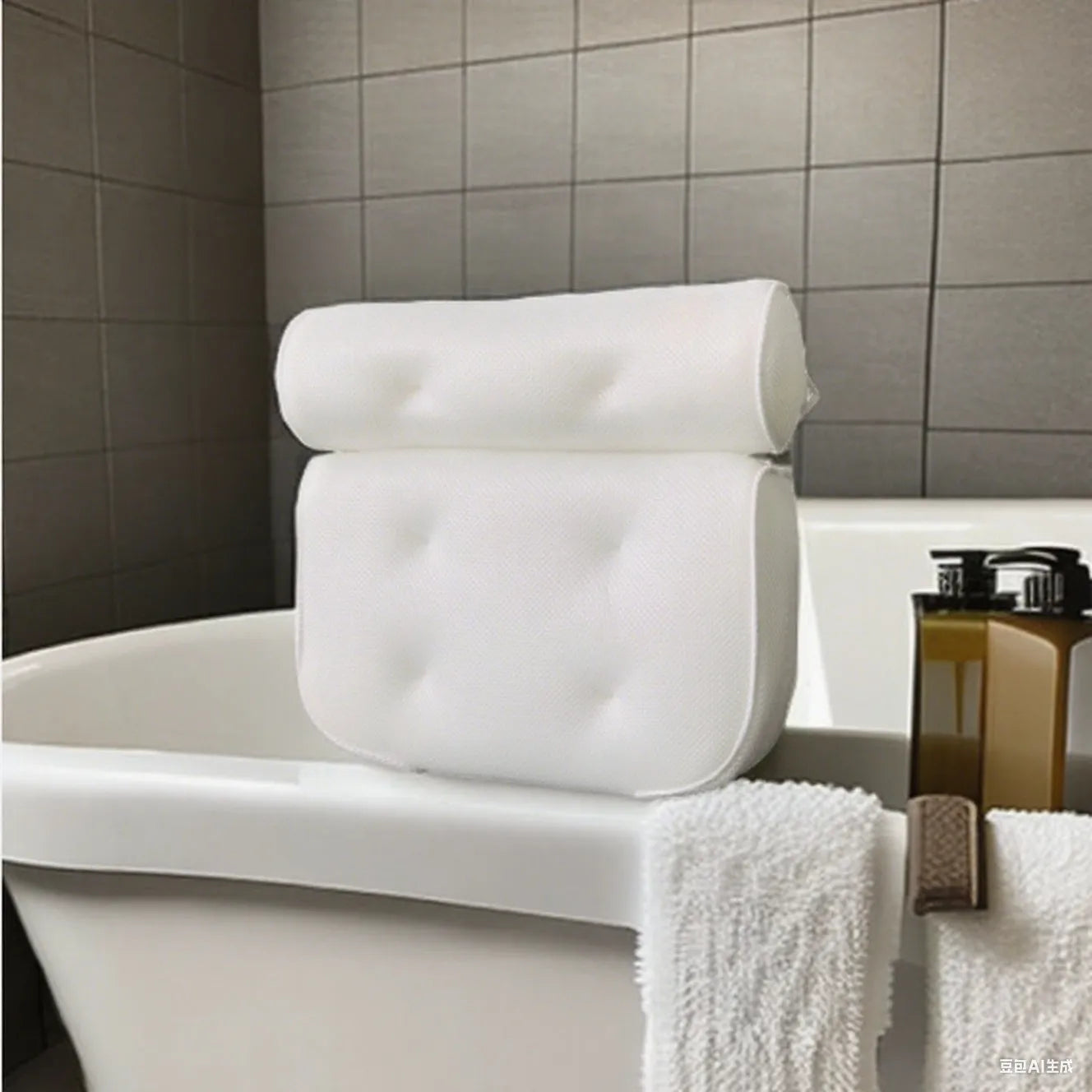 White bathtub pillow with suction cups and mesh construction measuring 37cm by 34cm