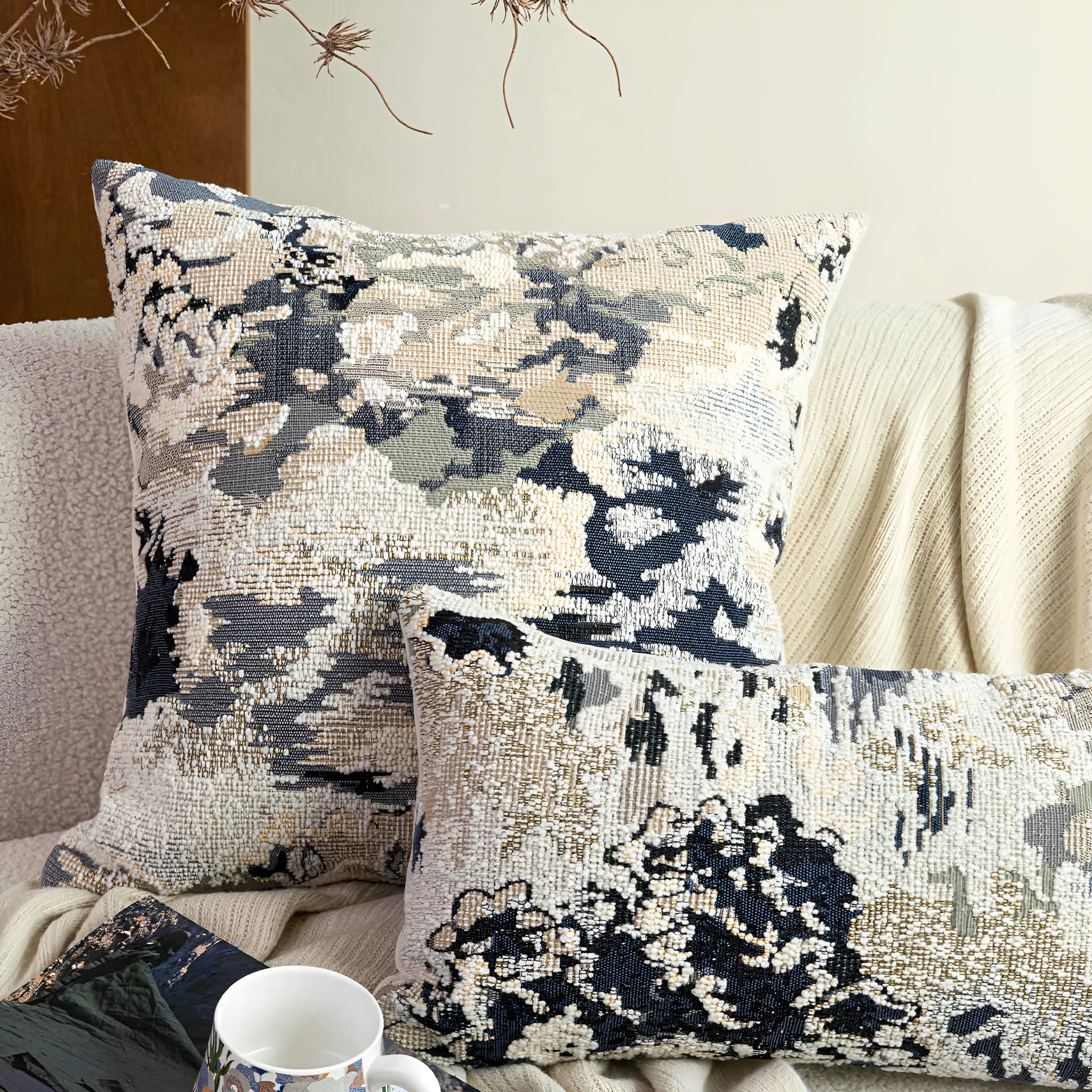 Chinese style antique blue wool blend floral pillow with abstract artistic pattern on feather velvet cushion