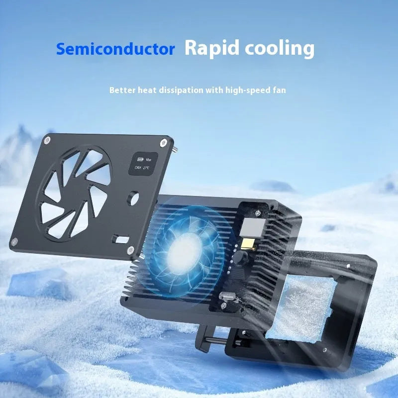 Black aluminium computer cooling radiator measuring 89mm x 52mm with attached power cord