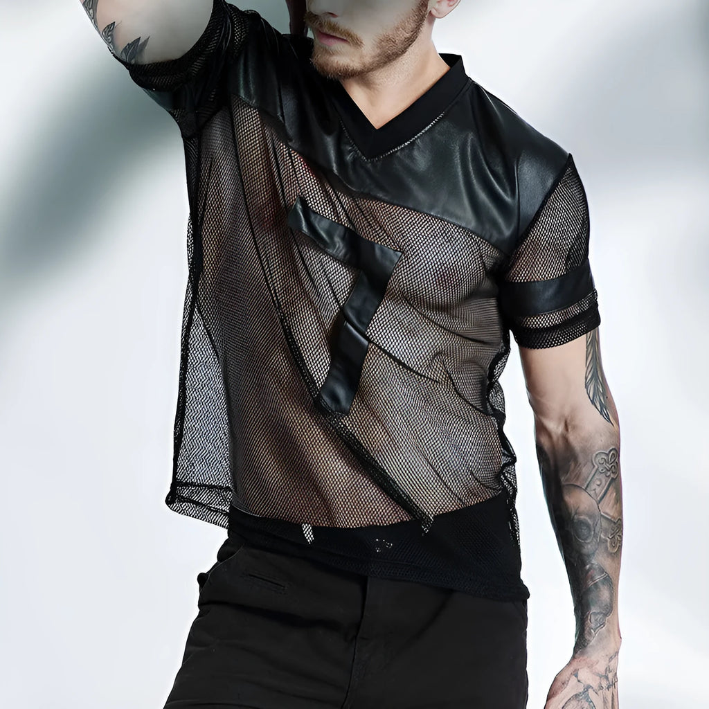 Men's black breathable mesh running T-shirt with V-neck stitching, casual sports top
