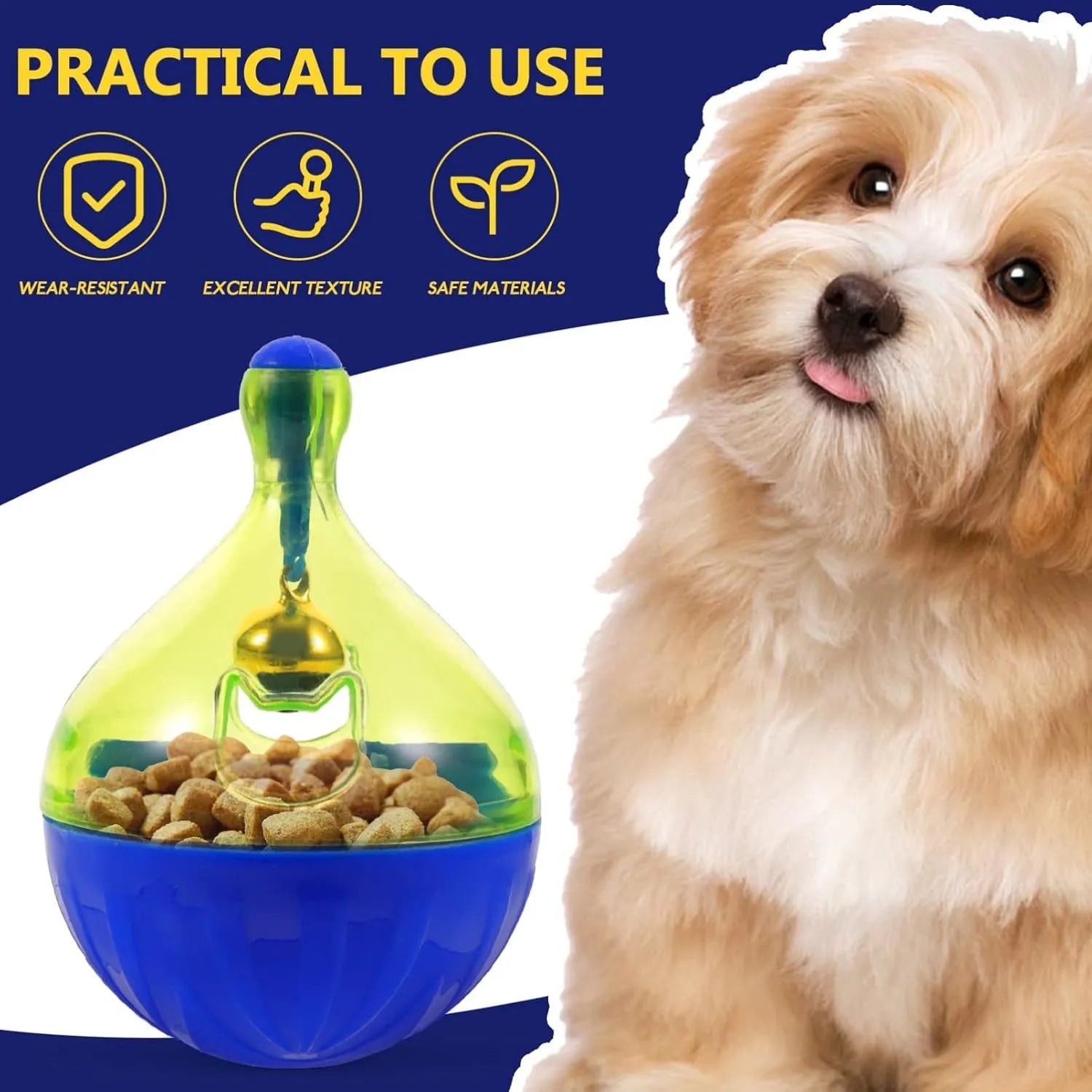 Blue interactive pet treat dispenser tumbler ball for dogs and cats on a wooden floor