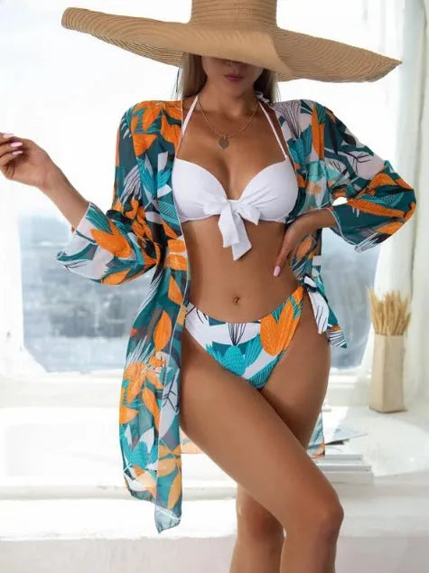 Women's three-piece mesh bikini swimsuit set in quick-dry fabric.