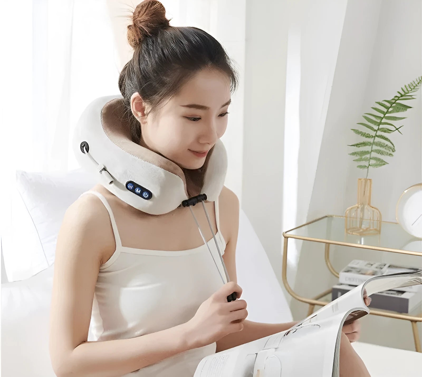 Brown U-shaped electric neck massager with four massage heads and USB charging port