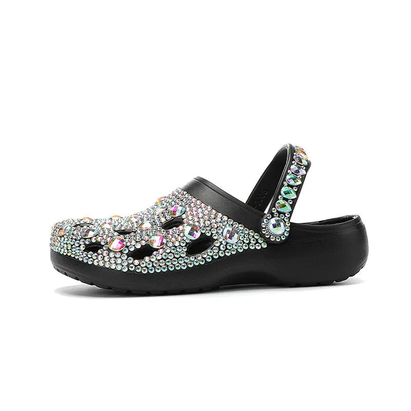 Black women's platform casual sandals with rhinestone holes and EVA construction