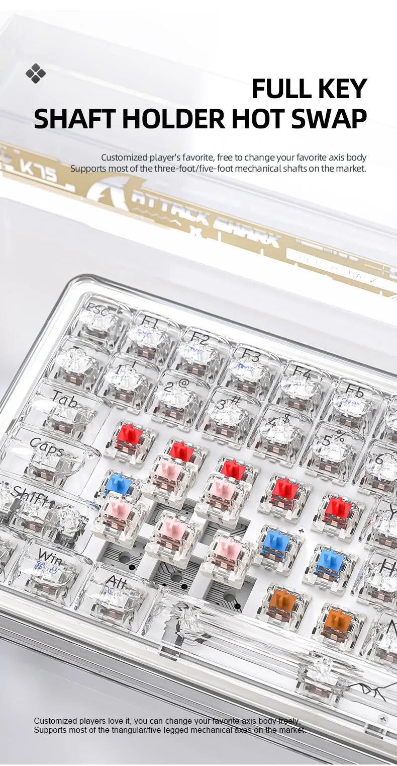 Attack Shark K75RGB transparent wireless mechanical keyboard with RGB lighting on a desk.