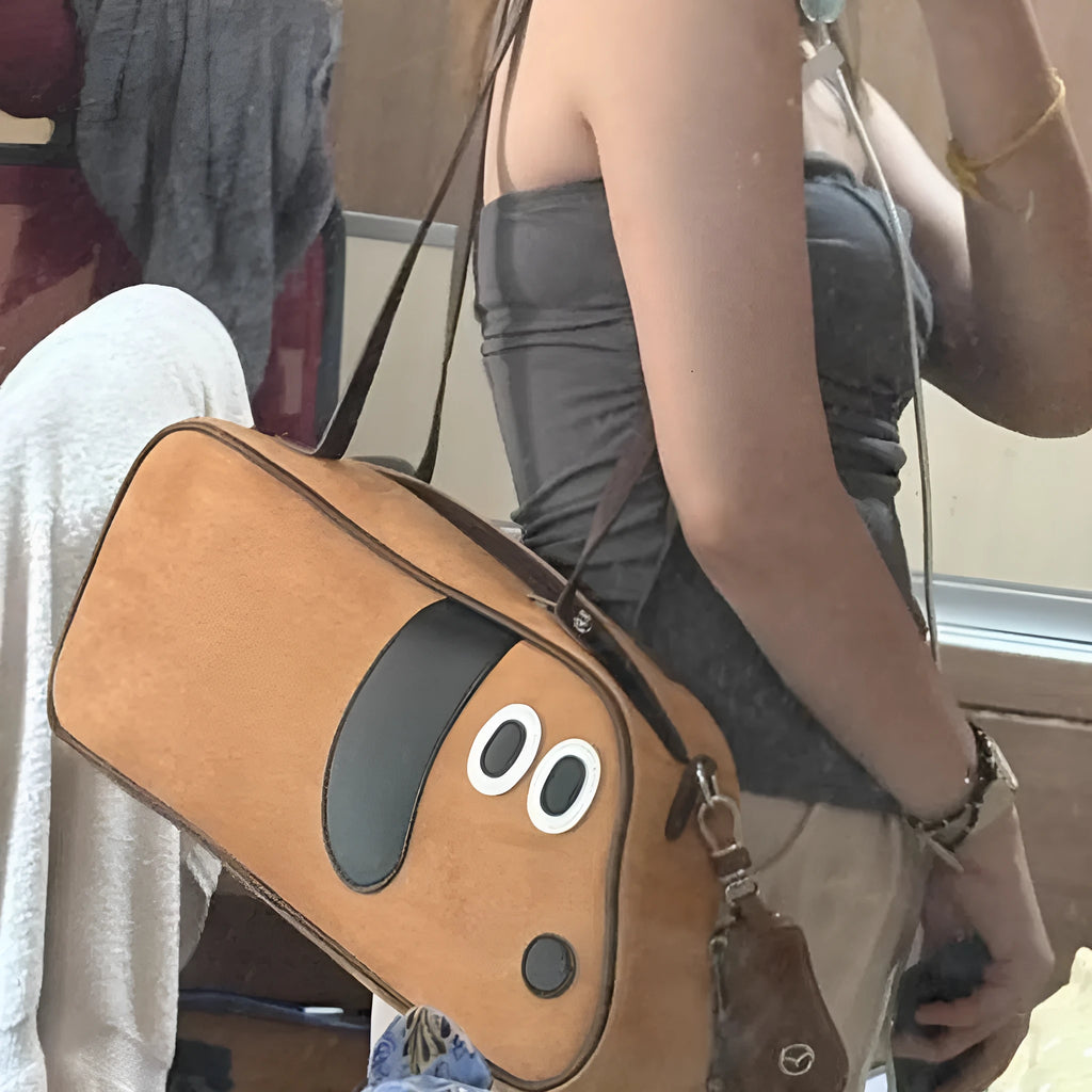 Virtue Pull sausage dog crossbody shoulder bag in toast brown colour, cotton material, large capacity, zipper closure.