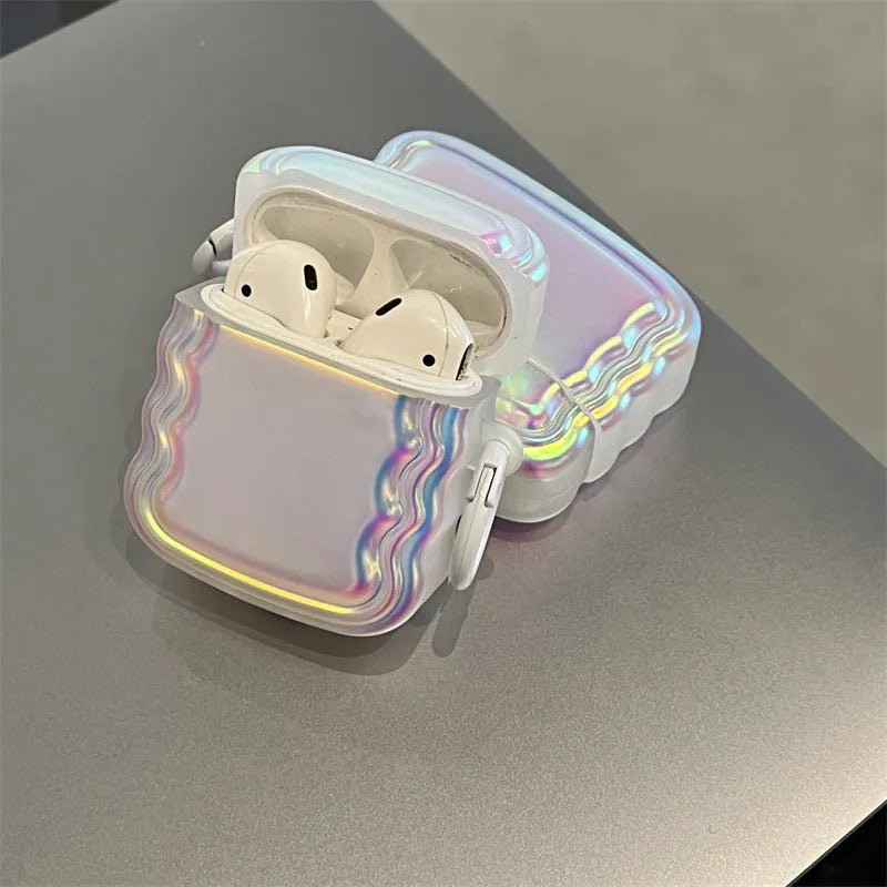 Silicone AirPods case with holographic laser ring design, shown next to AirPods Pro 2 and AirPods 3.