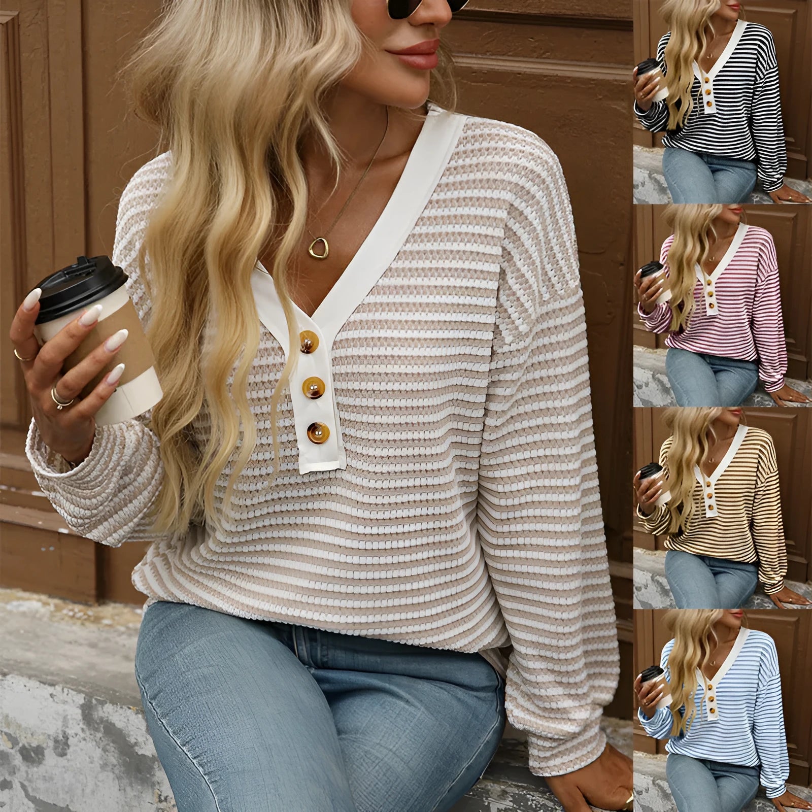 Women's loose-fit V-neck pullover top with patchwork long sleeves in apricot colour.