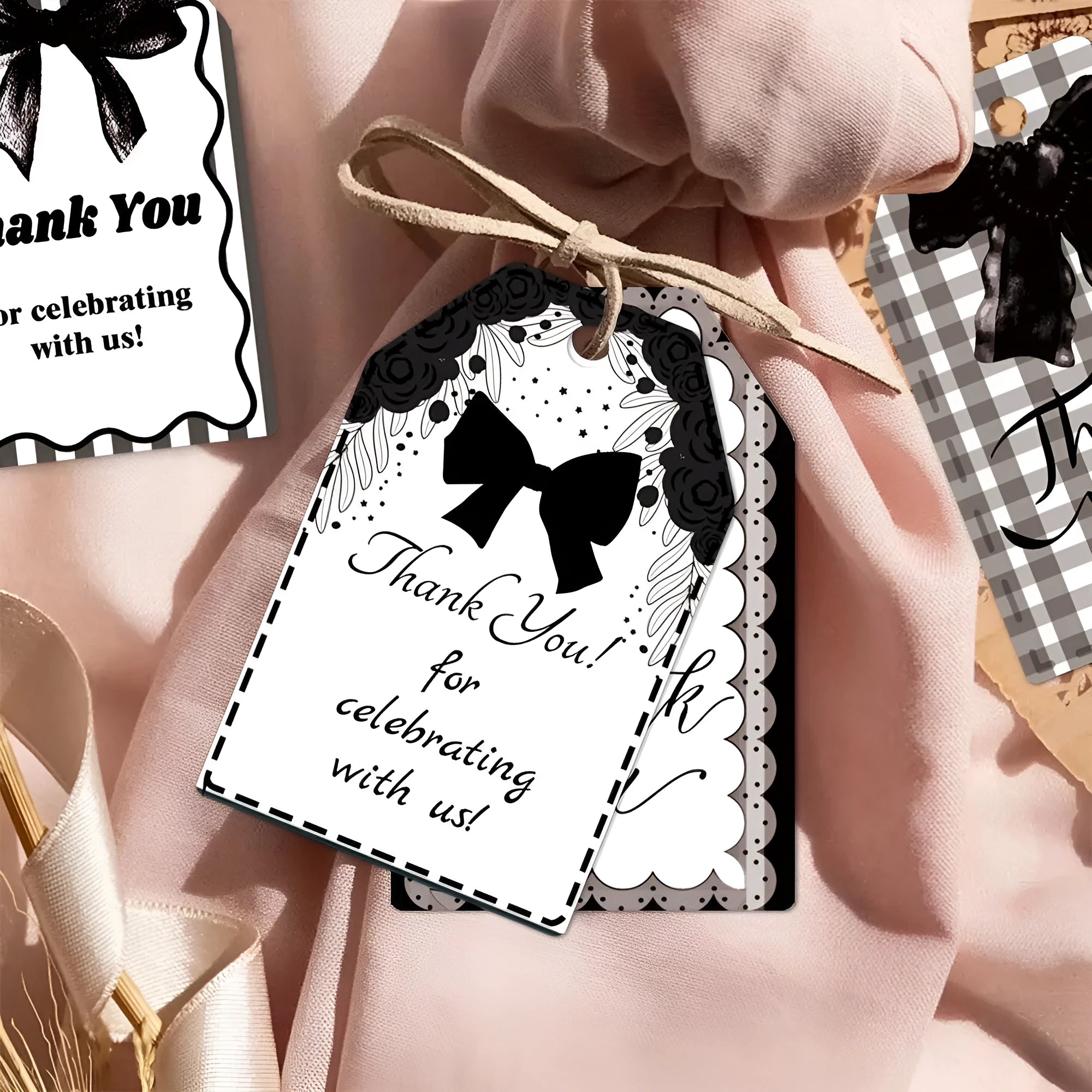 Three design styles of bowknot birthday gift tags with natural hemp rope ties