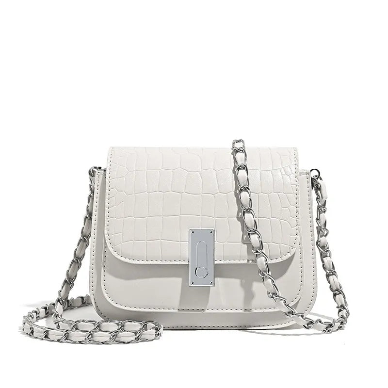 Women's soft PU chain strap shoulder bag in horizontal square shape with mobile phone compartment