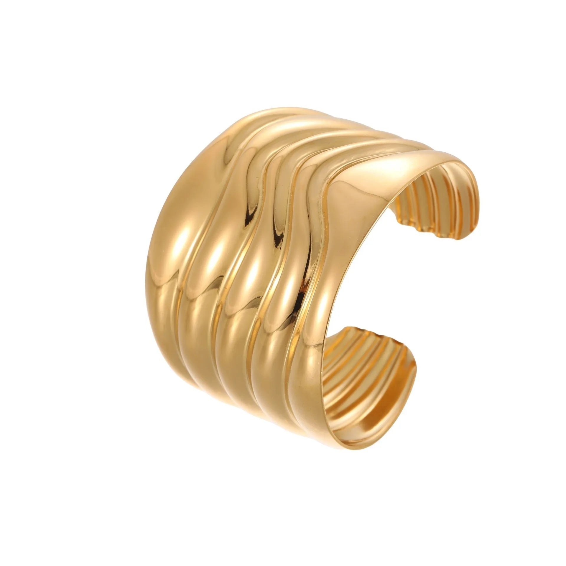 Women's wide wave design bracelet with geometric openings and gold plating finish