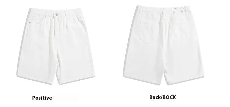 Men's straight-leg denim shorts in light blue on a mid waist model
