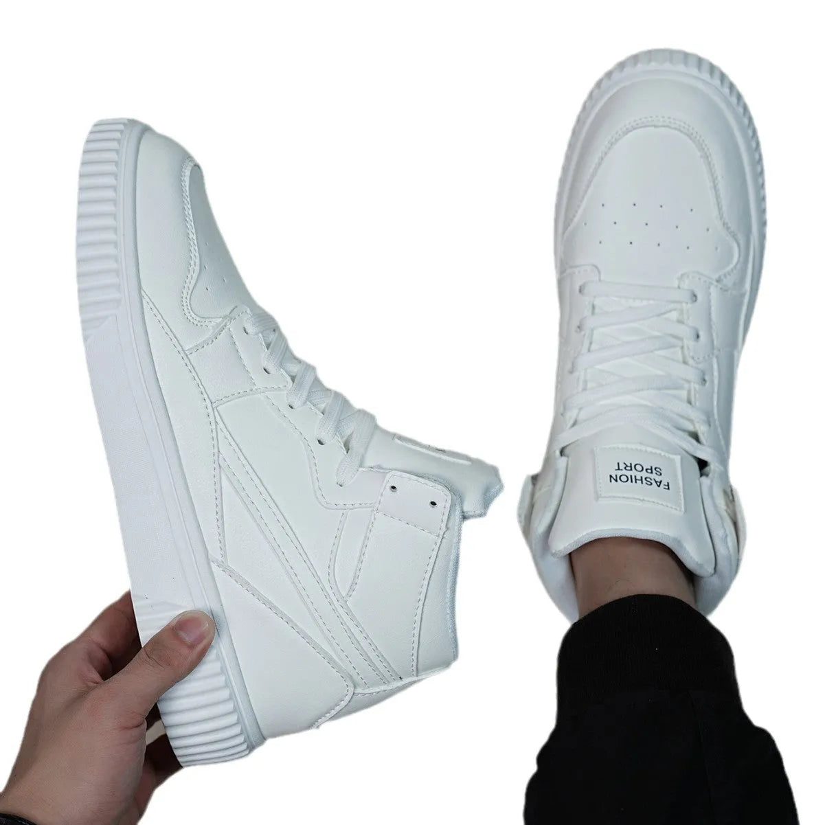 Men's white microfiber casual shoes with round toe for autumn and winter leisure wear
