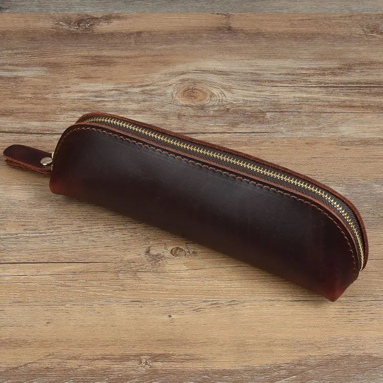 Genuine cowhide leather handmade square pencil and glasses case with zipper, in black.