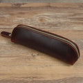 Genuine cowhide leather handmade square pencil and glasses case with zipper, in black.