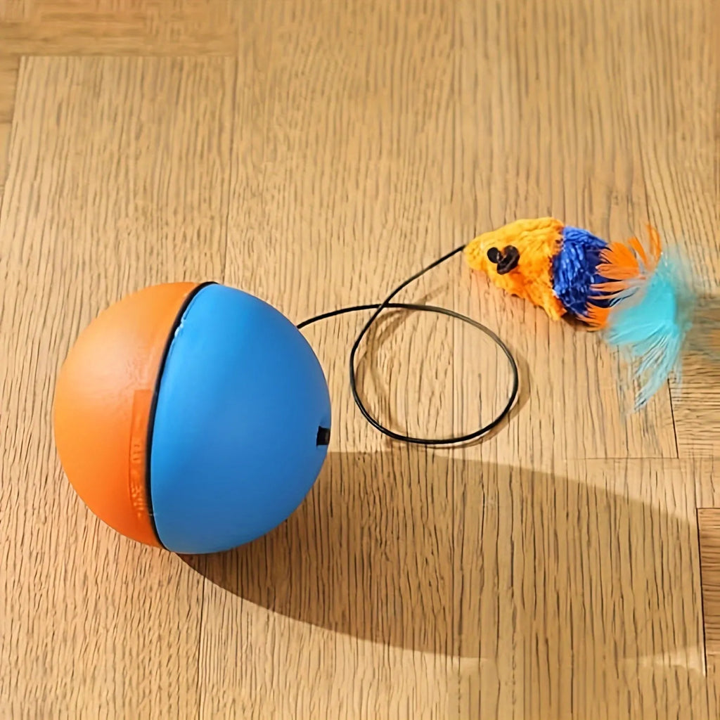 Interactive cat toy with blue and orange exercise ball and attached plush mouse