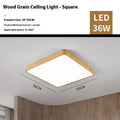 Square modern Nordic LED ceiling light with wood grain finish and iron frame, shown in a bedroom setting.
