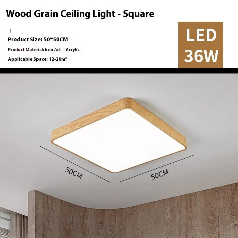 Square modern Nordic LED ceiling light with wood grain finish and iron frame, shown in a bedroom setting.