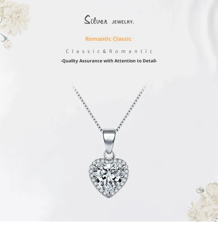 S925 sterling silver heart-shaped zircon pendant necklace on silver box chain, 40+5cm length
