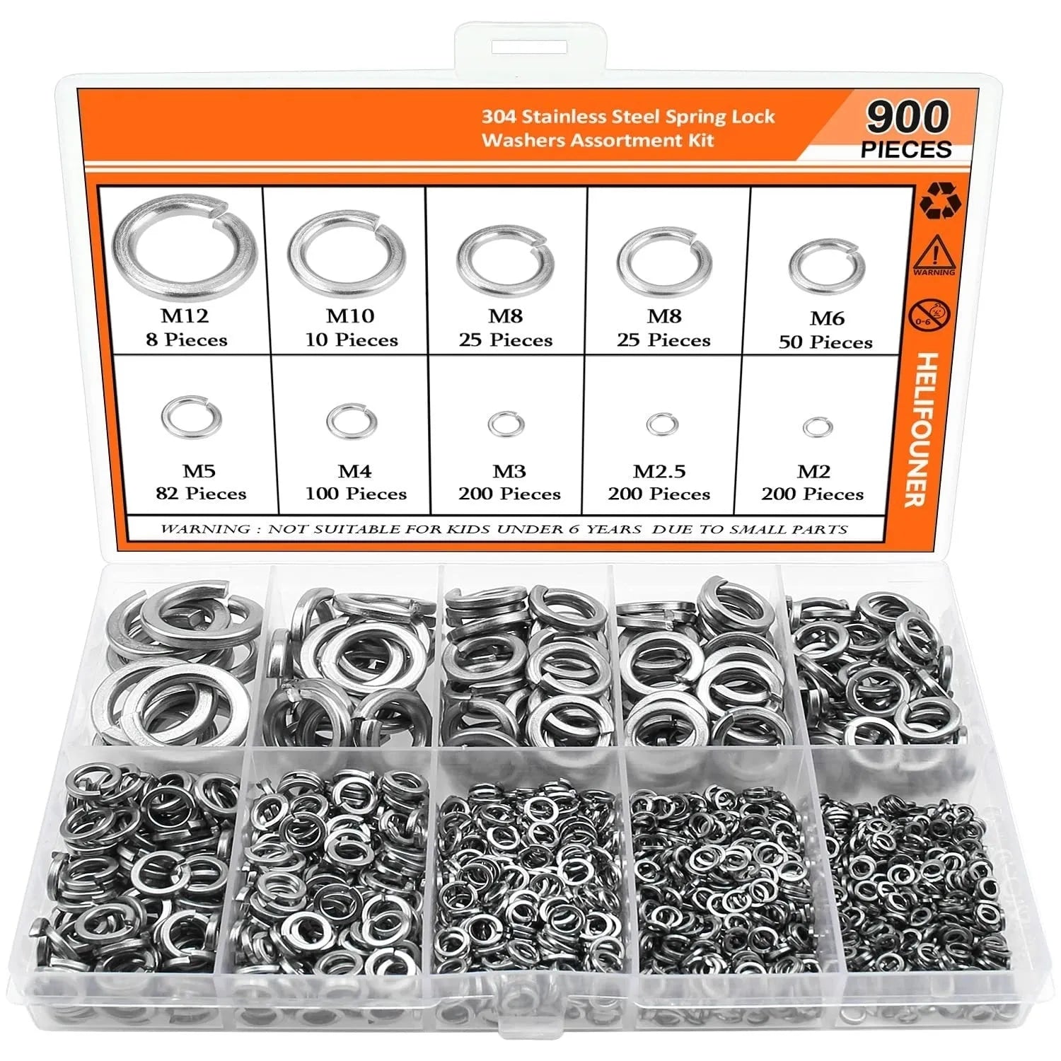 304 stainless steel spring lock washer combination box with 900 pieces covering M2 to M12 fastener sizes