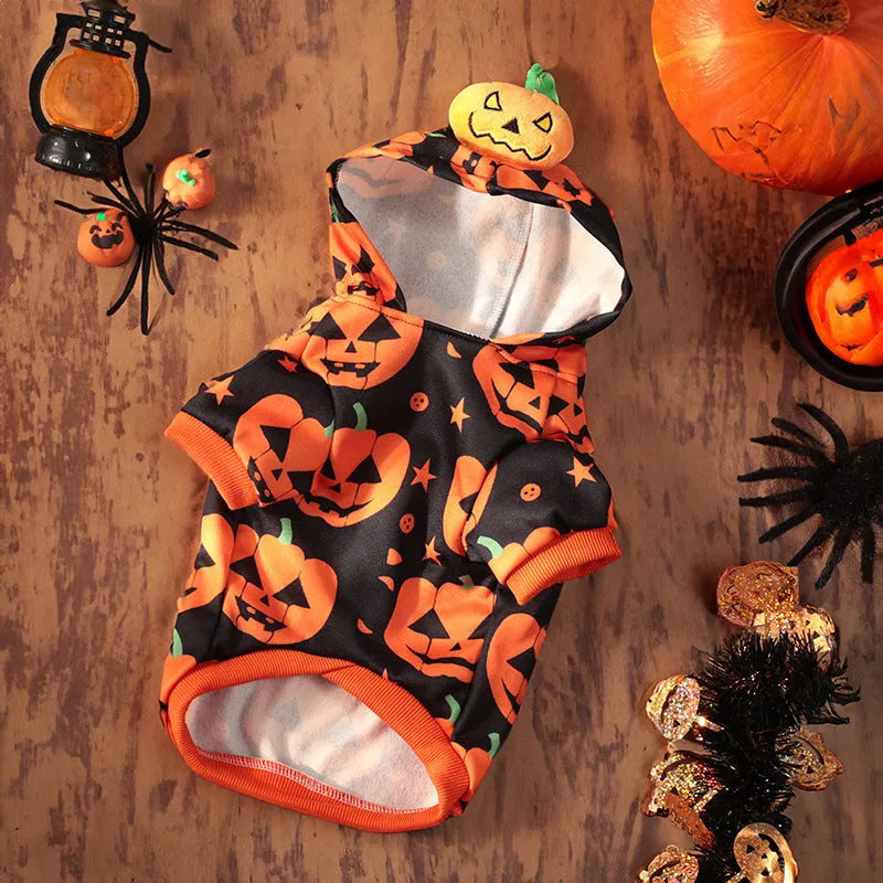 Halloween pumpkin costume for small dog, crystal velvet skirt and sweater options shown.