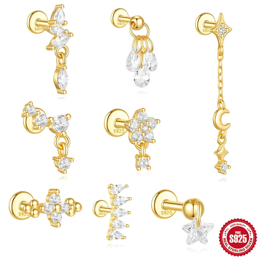 S925 sterling silver geometric earrings with moon and diamond-embedded star design in gold colour