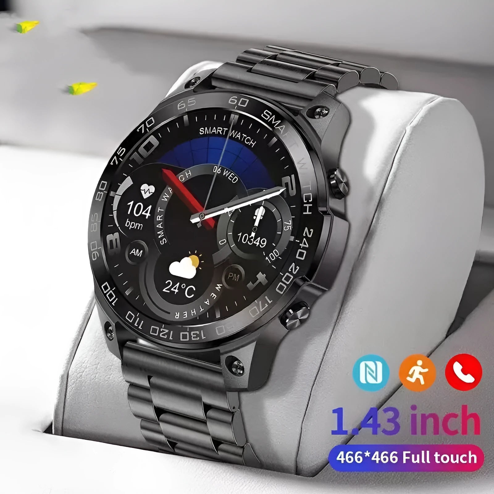 Round smartwatch with AMOLED display showing watch face, on a black silicone strap.