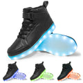 Rechargeable LED light-up high-top board shoes with Velcro closure in black, gold, and white colours