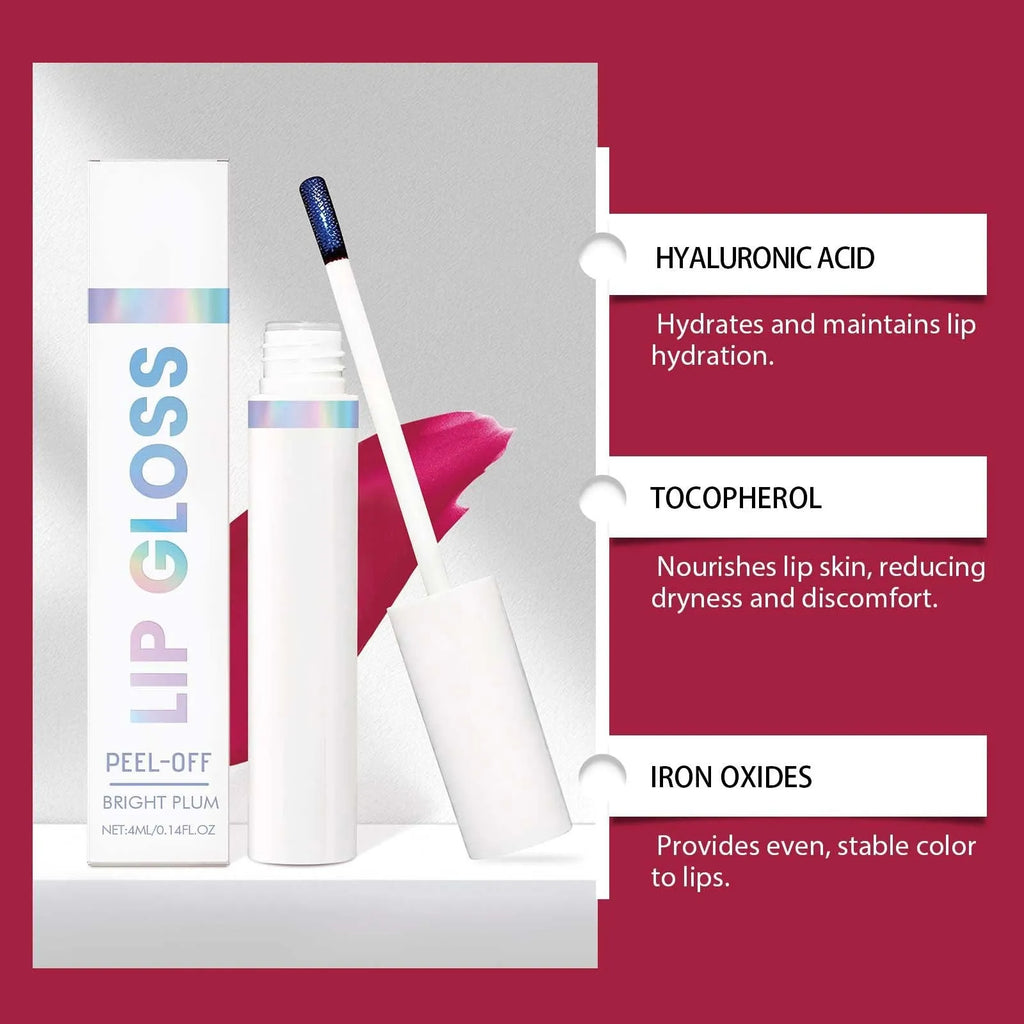 Moisturising glossy lip gloss in bright plum shade with 4ml tube and compact dimensions