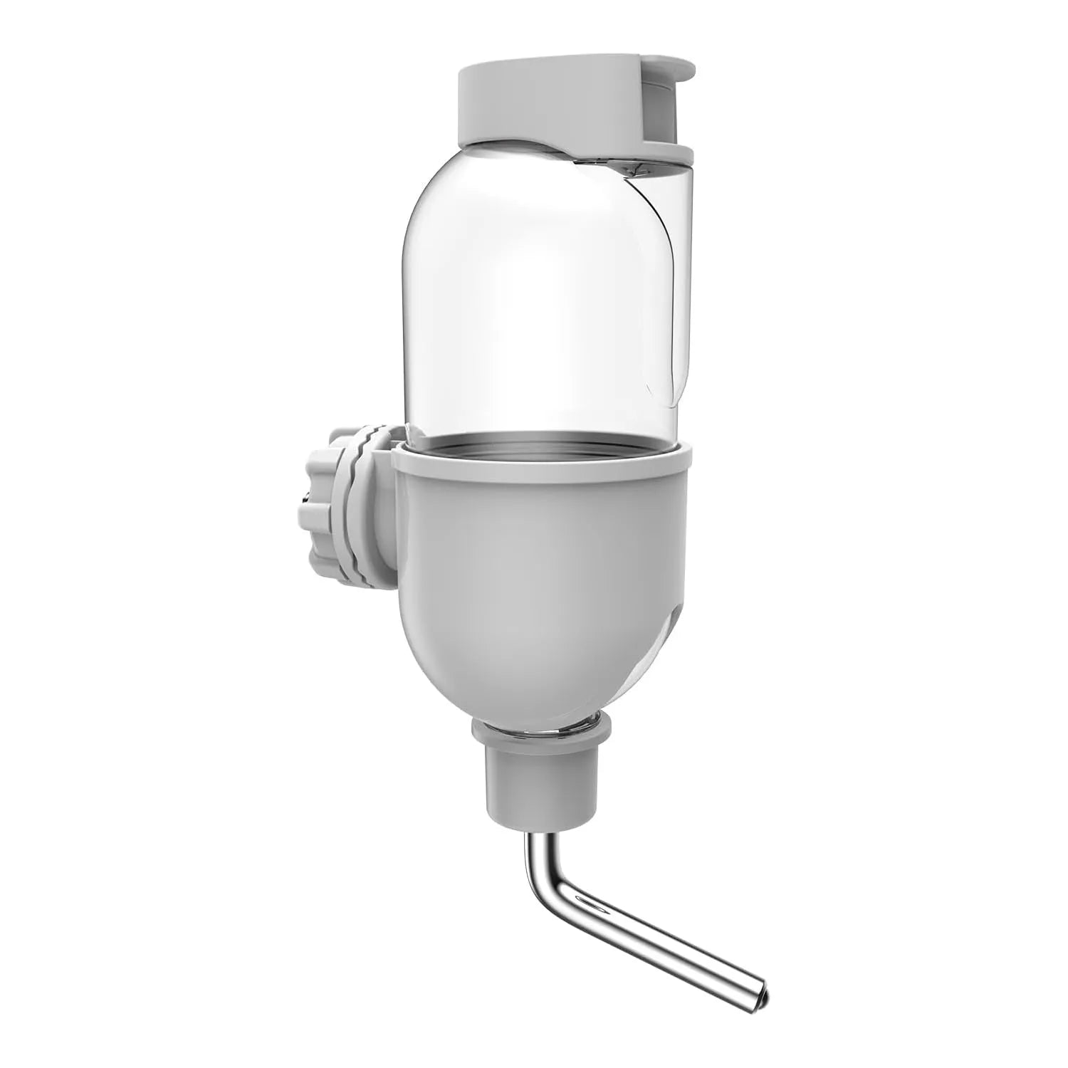 Small animal water bottle with rotatable nozzle mounted on cage bars, showing blue colour option