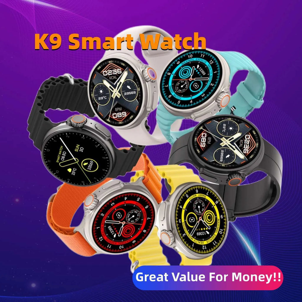 K9 Smart Watch in black with round screen showing health metrics and NFC payment interface