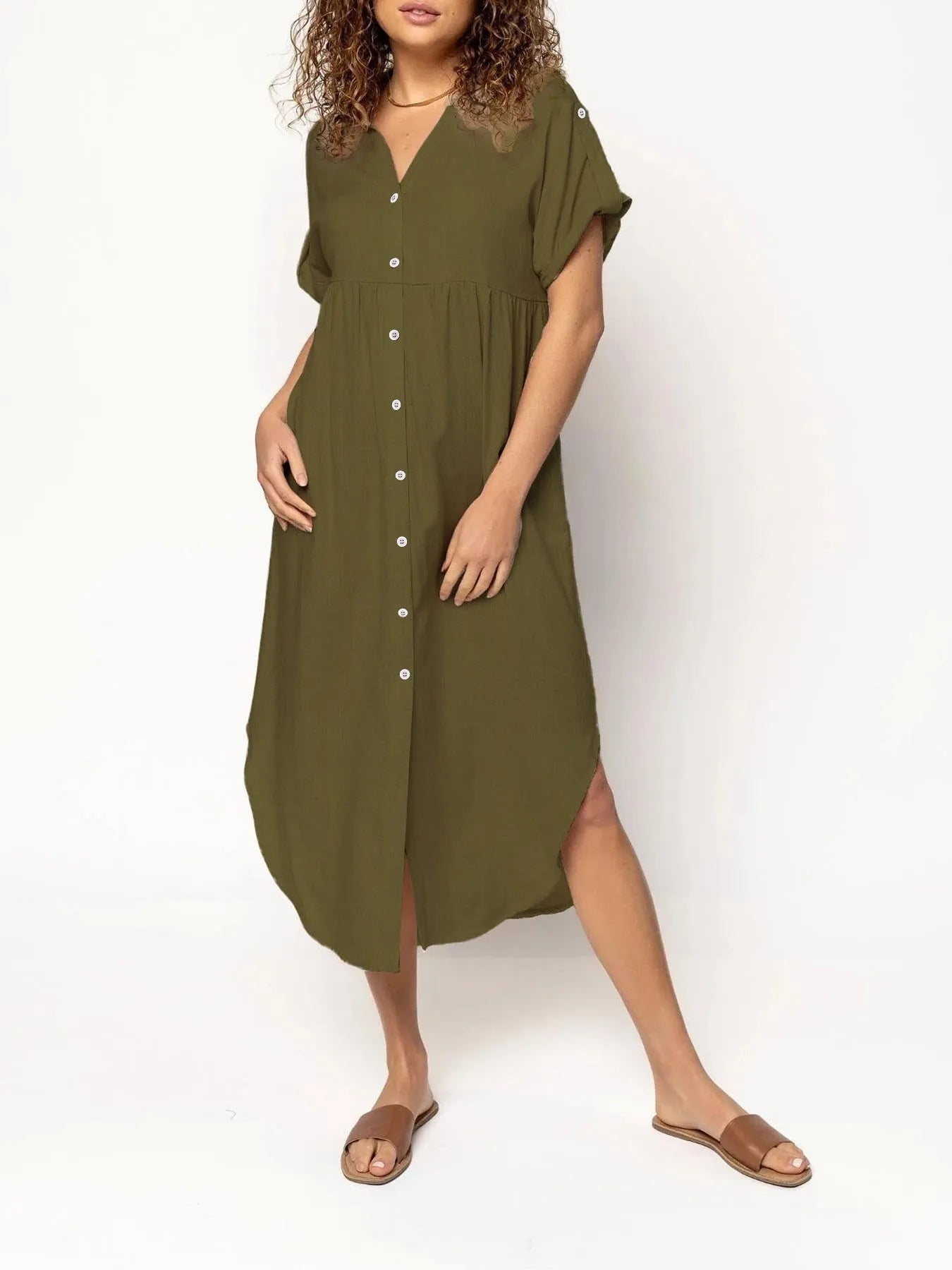 Women's casual button front mid-length dress in solid colour with regular sleeves and loose fit
