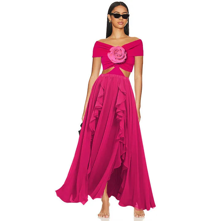 Women's floral hollow out one-piece swimsuit with matching cover-up skirt on a mannequin.