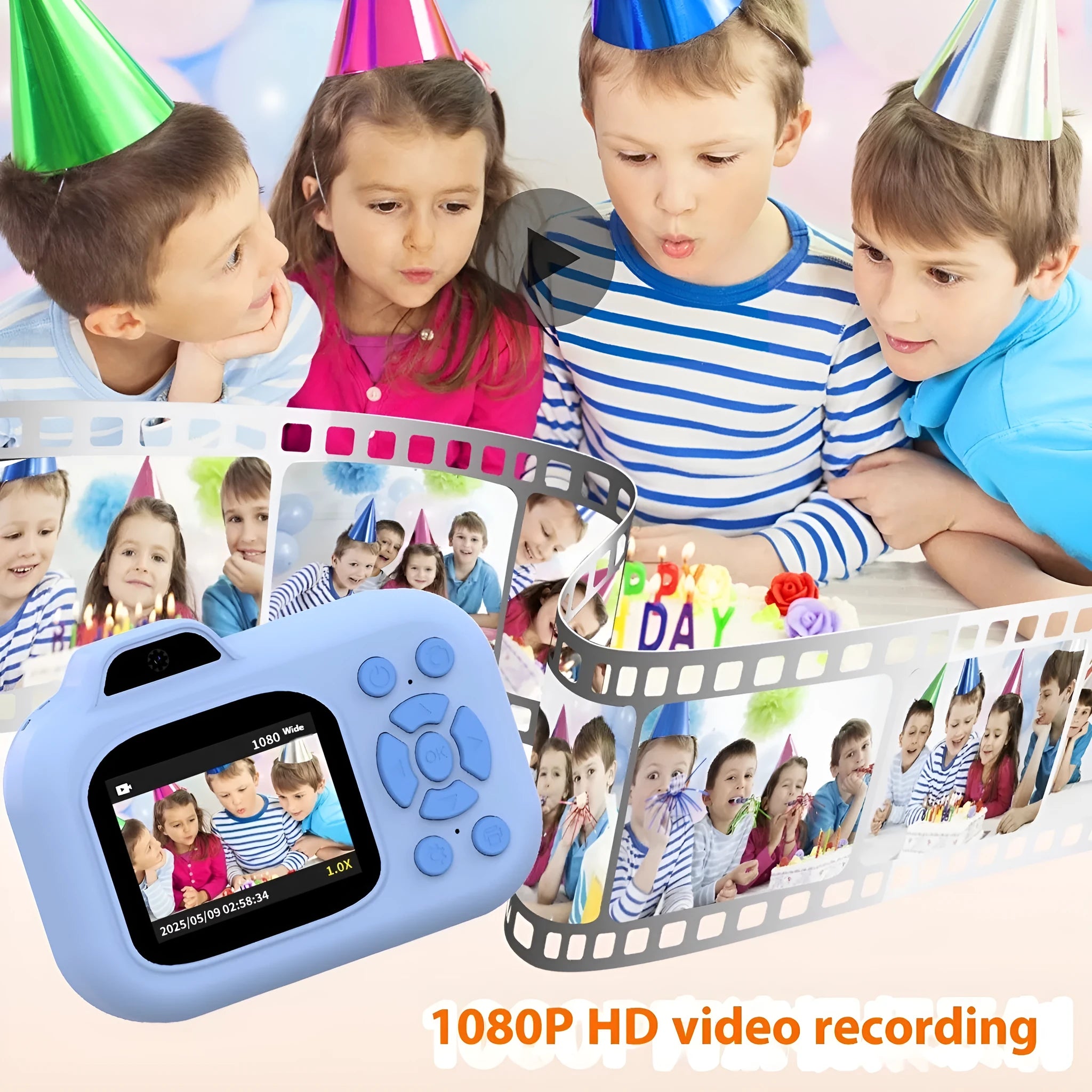 Children's plastic digital camera toy in pink, blue or purple with video recording and game functions